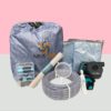 inhoud huur bevalbad pakket, waterpomp, bevalbad, waterslang, luchtpomp, anti-slip matje, kraankoppelingen en bevalbad hoes