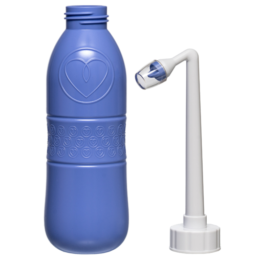 Detail aanzicht van blauwe peri bottle spoelfles voor postpartum gebruik