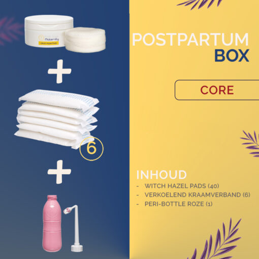 Postpartumbox Core met Witch hazel pads, verkoelend kraamverband en peri bottle voor reinigen perineum