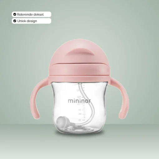 Mininor rietjes beker met deksel dicht Rose 220 ml