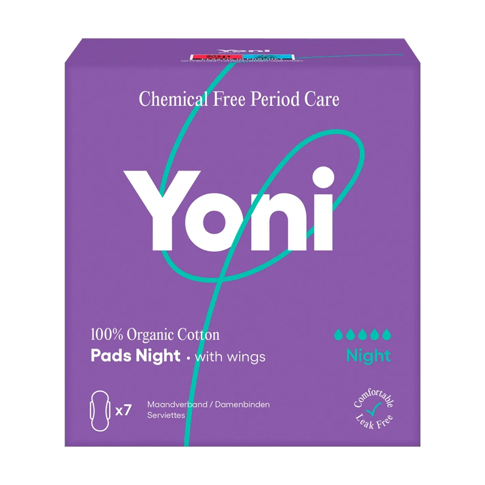Yoni Maandverband night | vleugels | 100% biologisch katoen | 7 stuks 1 Yoni maandverband nacht met vleugels