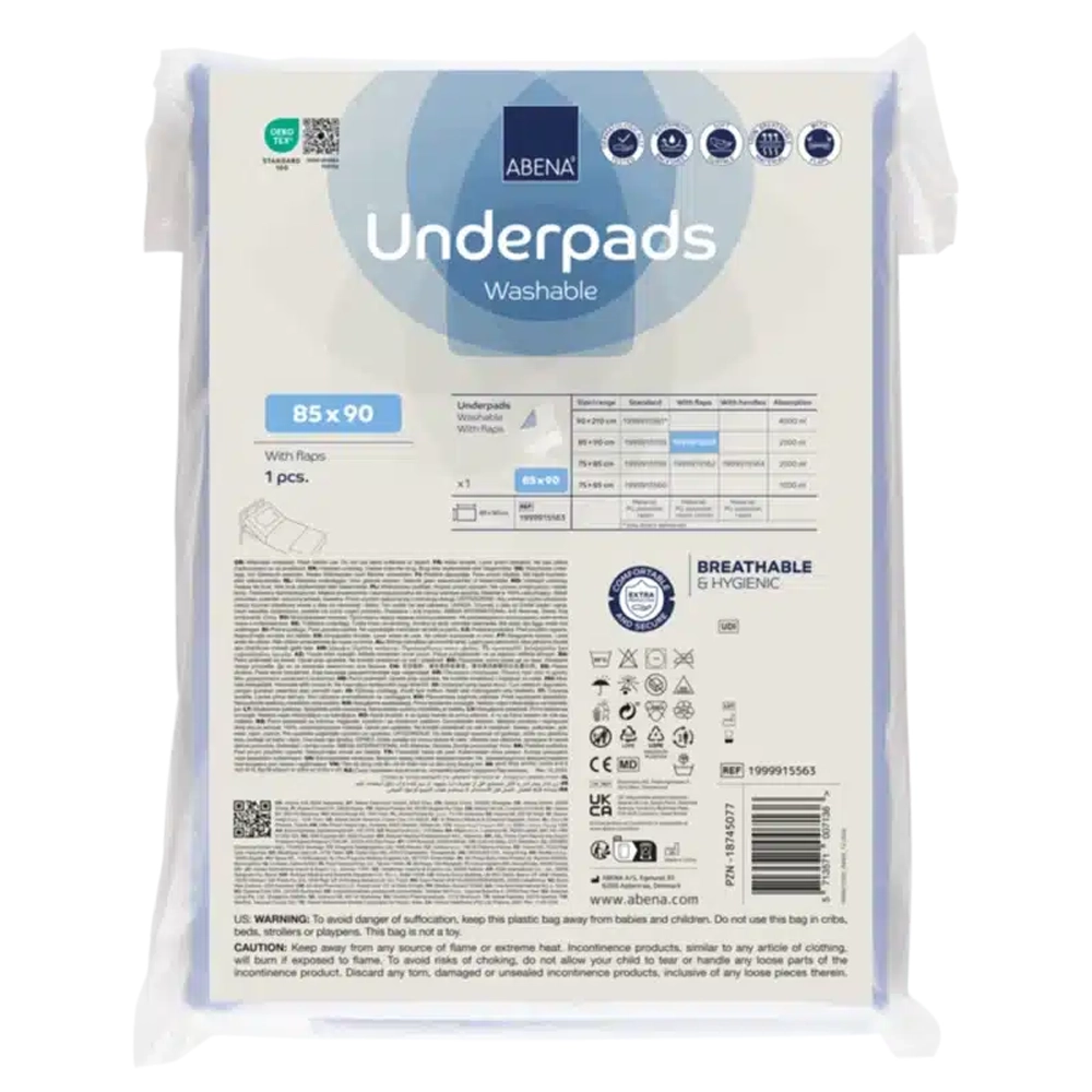 Wasbare onderlegger met instopstroken | 85 x 95 cm | 2500 ml | ABENA 3 Wasbare onderlegger achterzijde verpakking Abena