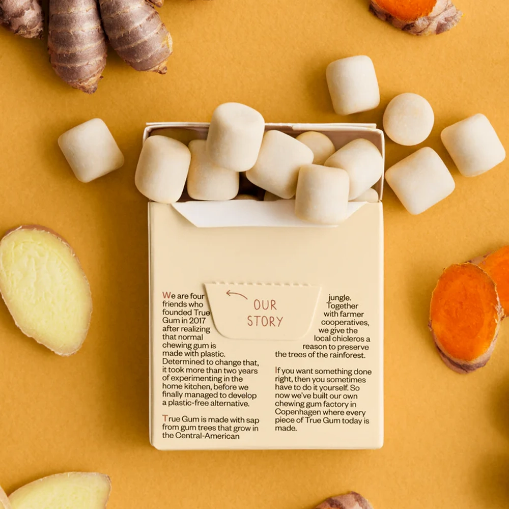 True Gum - Gember & Tumeric - 21 gram 3 True Gum Ginger Tumeric achterzijde verpakking