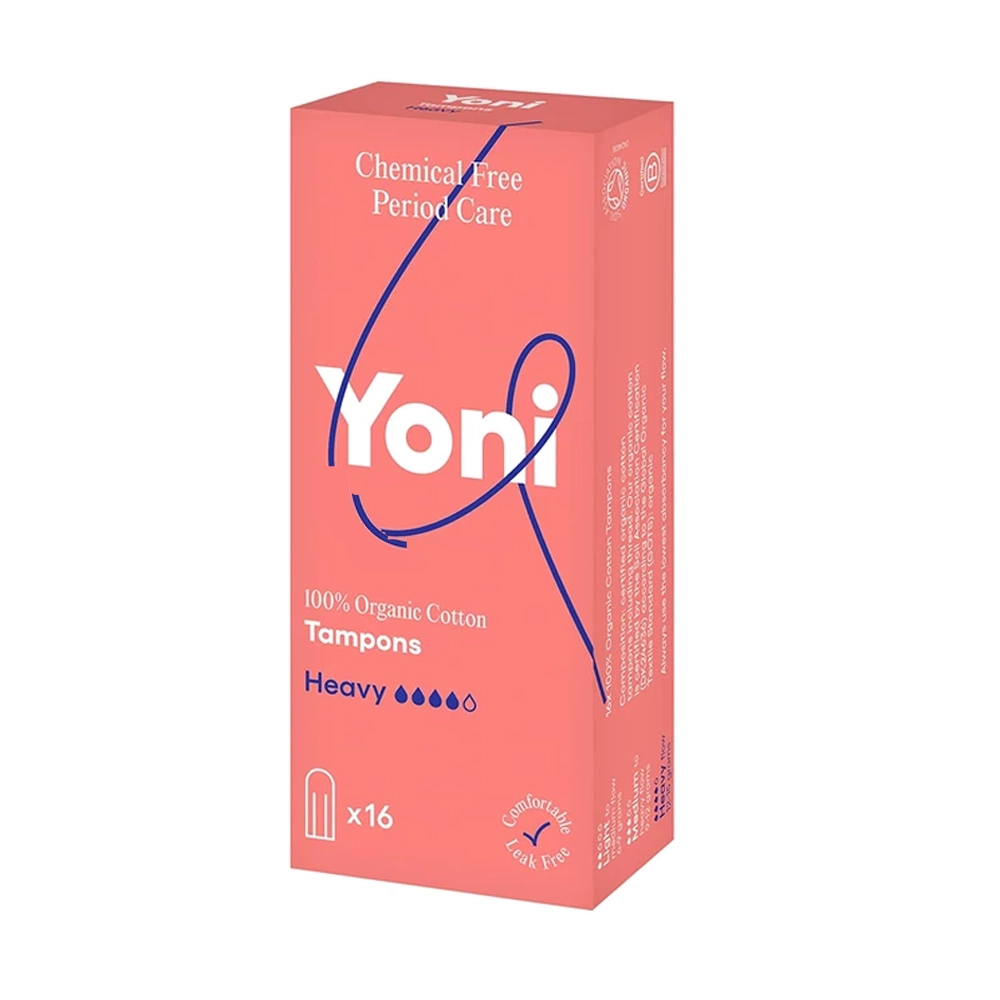 YONI tampons Heavy | 100% biologisch katoen | 16 stuks 2 Yoni tampons Heavy 16 stuks verpakking zijkant