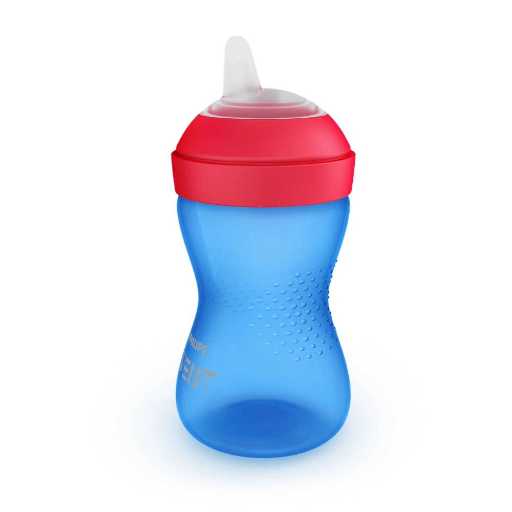 Drinkbeker met zachte tuit | 300 ml | Blauw | Philips Avent 4 Philips Avent blauwe drinkbeker met zachte tuit van opzij.