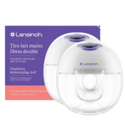 Lansinoh draadloze borstkolf handsfree dubbelzijdig, kolf met opvangcup en borstschild in bh.